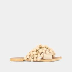 Mules à Pompons Et Perles En Cuir Et Tissu Beige