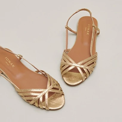 Sandales Plates à Bouts Ouverts En Cuir Craquelé Or Foncé 7 Sandales Plates à Bouts Ouverts En Cuir Craquelé Or Foncé – Image 5