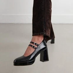 Babies à Doubles Brides Et Plateformes En Vernis Plissé Noir