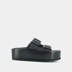 Mules à Boucles Et Plateformes En Cuir Noir