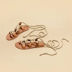 Sandales à Brides, Perles Et Lanières Tressées En Cuir Camel -Xoxo Boutique 01W007989C.1694469836