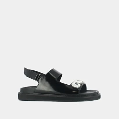 Sandales Ouvertes Et Strass En Cuir Glacé Noir 3 Sandales Ouvertes Et Strass En Cuir Glacé Noir