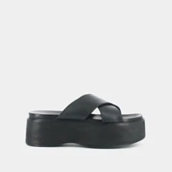 Mules à Brides Croisées Et Plateformes En Cuir Noir