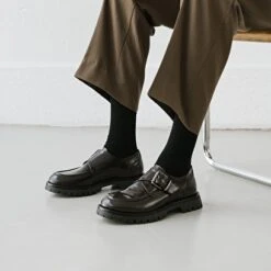 Derbies à Talons Plats, Boucles Et Coutu... En Cuir Glacé Marron