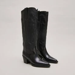 Bottes à Talons épais Et Surpiqures Apparentes En Cuir Grainé Noir