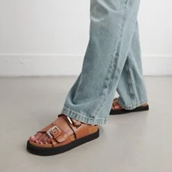 Sandales à Double Boucles En Cuir Glacé Cognac -Xoxo Boutique 01W008645C.1694503879