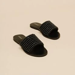 Mules à Perles En Cuir Noir