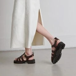 Sandales Ouvertes En Cuir Marron Foncé