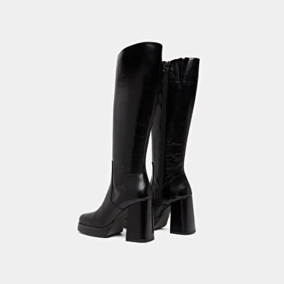 Bottes à Talons Et Bouts Carrés En Cuir Vieilli Noir 8 Bottes à Talons Et Bouts Carrés En Cuir Vieilli Noir – Image 6