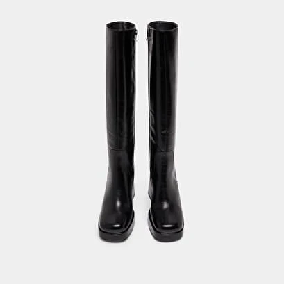 Bottes à Talons Et Bouts Carrés En Cuir Vieilli Noir 9 Bottes à Talons Et Bouts Carrés En Cuir Vieilli Noir – Image 7