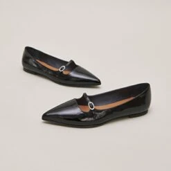 Ballerines Pointues à Brides En Cuir Brillant Noir