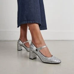 Babies à Talons En Glitter Et Vernis Argent Et Noir