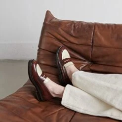 Mocassins En Cuir Glacé Marron Et écru