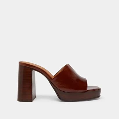 Mules à Bouts Ouverts Et Hauts Talons En Cuir Brillant Marron 4 Mules à Bouts Ouverts Et Hauts Talons En Cuir Brillant Marron – Image 2