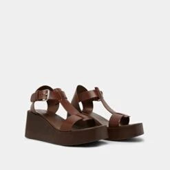 Sandales Compensées à Boucles Ajustables En Cuir Marron Foncé -Xoxo Boutique 01W009468D.1708517211