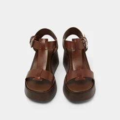 Sandales Compensées à Boucles Ajustables En Cuir Marron Foncé -Xoxo Boutique 01W009468G.1708517212